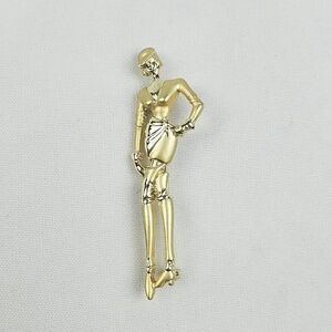 Vintage 3" tall women lady brooch pin gold tone